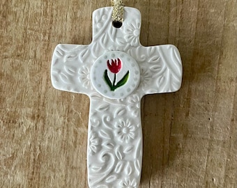 Handmade Floral Cross Ornament: Red Tulip, Handmade Ceramic
