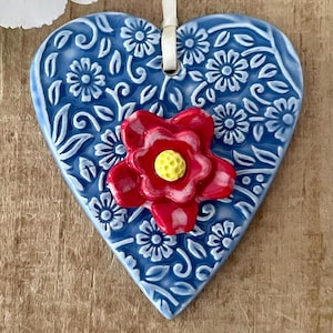 Blue Heart Ornament, Red Flower Ornament, Heart Ornament, Ornament Gift, Keepsake Ornament, Handmade Ornament , Nature Inspired Ornament