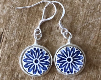 Blue and White Ceramic Tile Earrings, Sterling Silver, Gift For Her, Handmade Earrings, Delft Blue and White, Ceramic Earrings