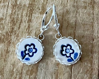 Delft Blue Ceramic Flower Earrings, Sterling Silver Wires, Handmade Earrings, Floral Earrings, Blue and White, Ceramic Tile, Gift for Her