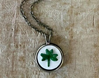 Handmade Ceramic Shamrock Pendant Necklace: Antique Brass Irish Jewelry