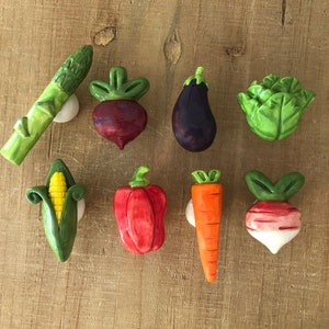 Pu&ograve; includere: Una collezione di calamite a forma di verdura in ceramica, tra cui asparagi, barbabietole, melanzane, cavolo, mais, peperone rosso, carota e ravanello. Ogni calamita &egrave; dipinta con colori vivaci e fissata a un piccolo disco bianco.