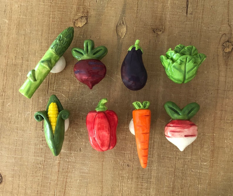 Pu&ograve; includere: Una collezione di calamite a forma di verdura in ceramica, tra cui asparagi, barbabietole, melanzane, cavolo, mais, peperone rosso, carota e ravanello. Ogni calamita &egrave; dipinta con colori vivaci e fissata a un piccolo disco bianco.