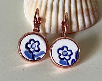 Delft Blue Flower Tiles set in Rose Gold Plated Earrings, Ceramic Tile Earrings, Delft Blue Flower Earrings, Rose Gold Earrings, Handmade