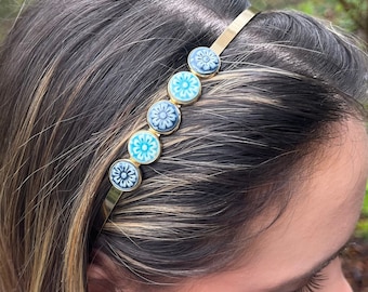 Denim Blue, Turquoise and Gold Handmade Headband, Hair Jewelry, Handmade Ceramic Headband, Hair Accessories