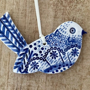Blue Bird Ornament, Delft Blue and White, Handmade Ornament, Ceramic Ornament, Christmas Ornament, Bird Decoration, For the Bird Watcher