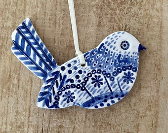 Blue Bird Ornament, Delft Blue and White, Handmade Ornament, Ceramic Ornament, Christmas Ornament, Bird Decoration, For the Bird Watcher