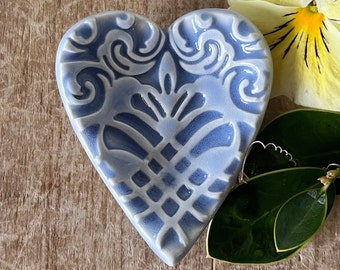 Soft Blue Heart Dish, Heart Ring Dish, Tea Bag Holder, Lacy Blue Heart, Ceramic Heart, Ceramic Ring Dish, Elegant Heart Dish, Baby Blue