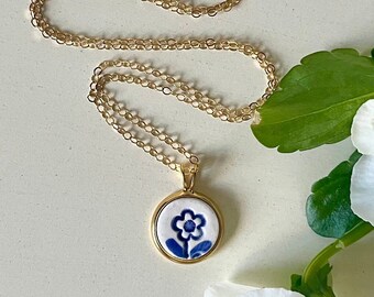 Delft Blue Flower Tile Necklace with a 14K Gold Filled Chain, Dainty Necklace, Handmade Ceramic Necklace, Handmade Ceramic Tile Jewelry