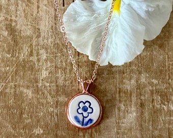 Delft Blue Ceramic Tile Flower Necklace on a Rose Gold Chain, Rose Gold Necklace, Blue and White Flower Necklace, Handmade Necklace