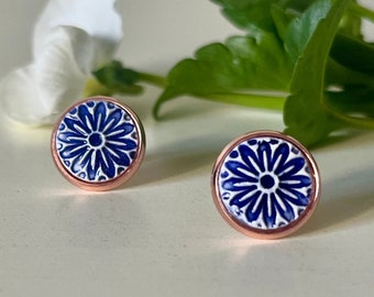 Blue White and Rose Gold Ceramic Tile Earrings, Handmade Earrings, Ceramic Earrings, Ceramic Jewelry, Gift For her