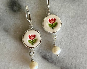 Tulip Pearl and Silver Earrings, Red Tulip Earrings, Sterling Silver, Handmade Ceramic Tile Earrings, Freshwater Pearls, Ceramic Earrings