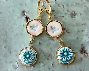 Turquoise and Gold Dragonfly and Flower earrings, Ceramic earrings, Ceramic Tile Earrings, Turquoise and Gold, Nature Inspired