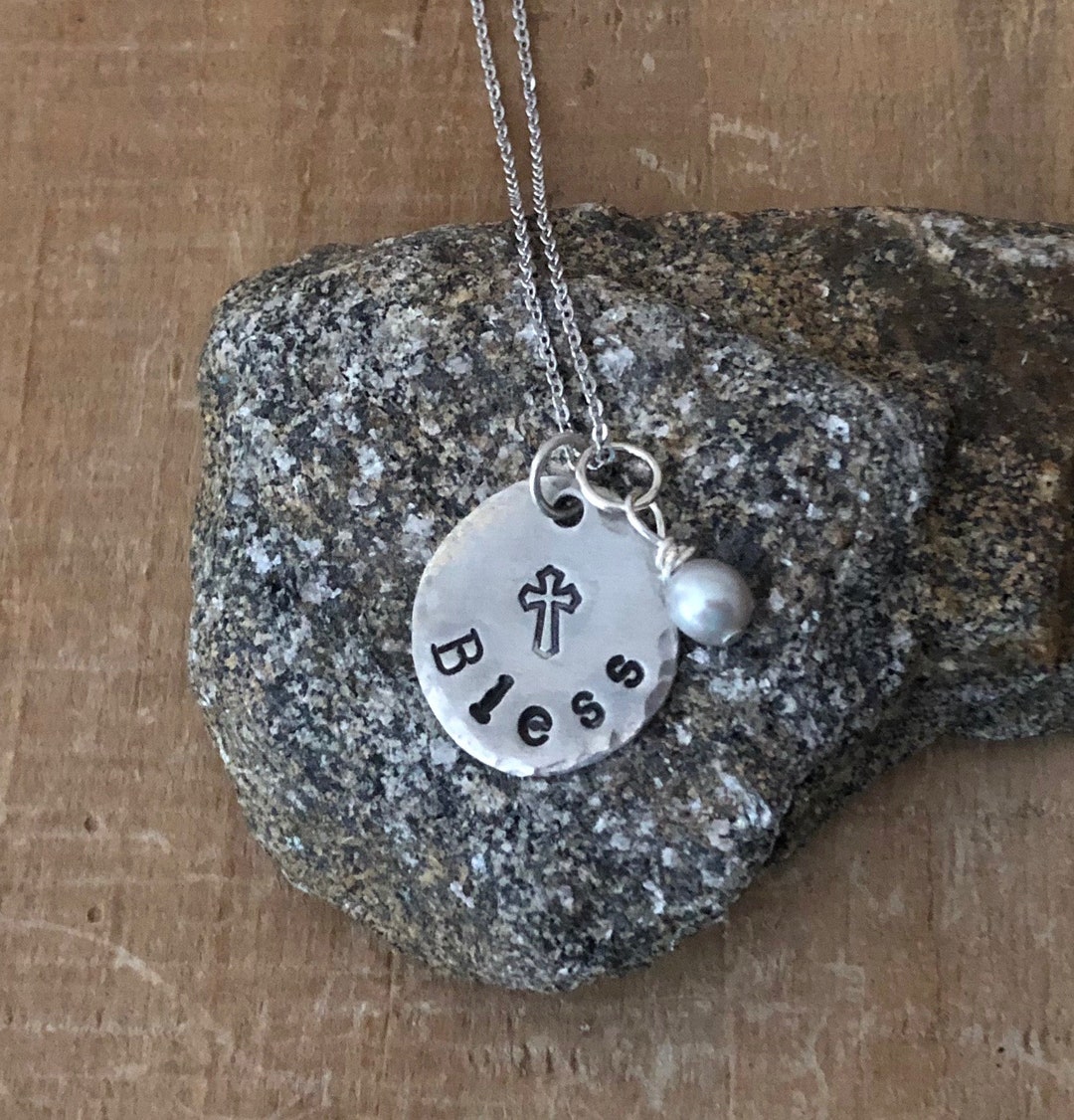 BLESS Necklace Cross Necklace Hand Stamped Religious Gift Etsy