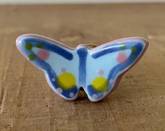 Handmade Ceramic Butterfly Knob: Light Blue Polka Dot Drawer Pull