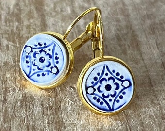 Blue and White Ceramic Tile Earrings, Golden Earrings, Handmade Earrings, Earring Gift, Everyday Earrings, Gold Blue White, Delft Blue