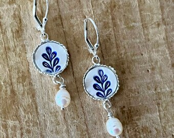 Blue and White Fern Earrings With Cultured Pearl Drops and Sterling Silver Lever Back Wires, Handmade Earrings, Delft Blue Earrings