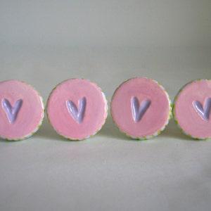 Pink Heart Knobs, Drawer Pulls, Ceramic Knobs, Little Girl Knobs, Nursery Knobs, Furniture Knobs, Pink and Lavender, Pink and Purple Knob