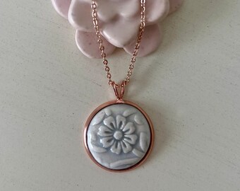 Rose Gold and Soft Blue Handmade Ceramic Tile Necklace, Handmade Necklace, Rose Gold and Blue