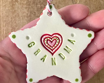 Handmade Ceramic Grandma Ornament, Heart Imprint, Grandparent Gift