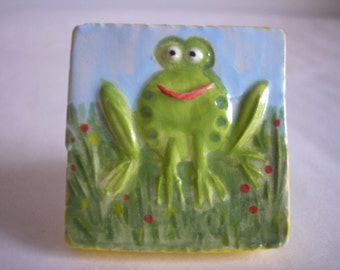 Handmade Frog Knob: Ceramic Drawer Pull for Nursery