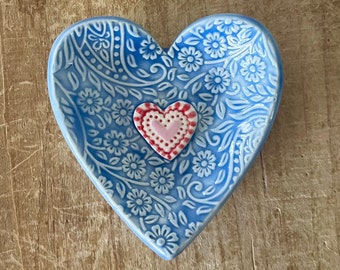 Blue Flower Heart Dish, Heart Ring Dish, Pottery Dish, Handmade Heart Dish