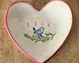 Nana Heart Ring Dish, Gift For Nana, Nana Bird Dish, Handmade Pottery, Nana Mother's Day Gift, Nana Gift, Gift From Grandchild