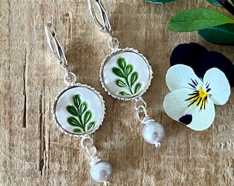 Handmade Ceramic Tile Fern Earrings With Cultured Pearls and Sterling Silver Lever Back Hooks, Handmade Ceramic Earrings, Earring Gift