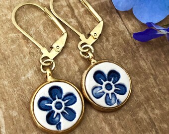 Delft Blue Forget-Me-Not and Gold Tone Drop Earrings, Handmade Artisan Jewelry
