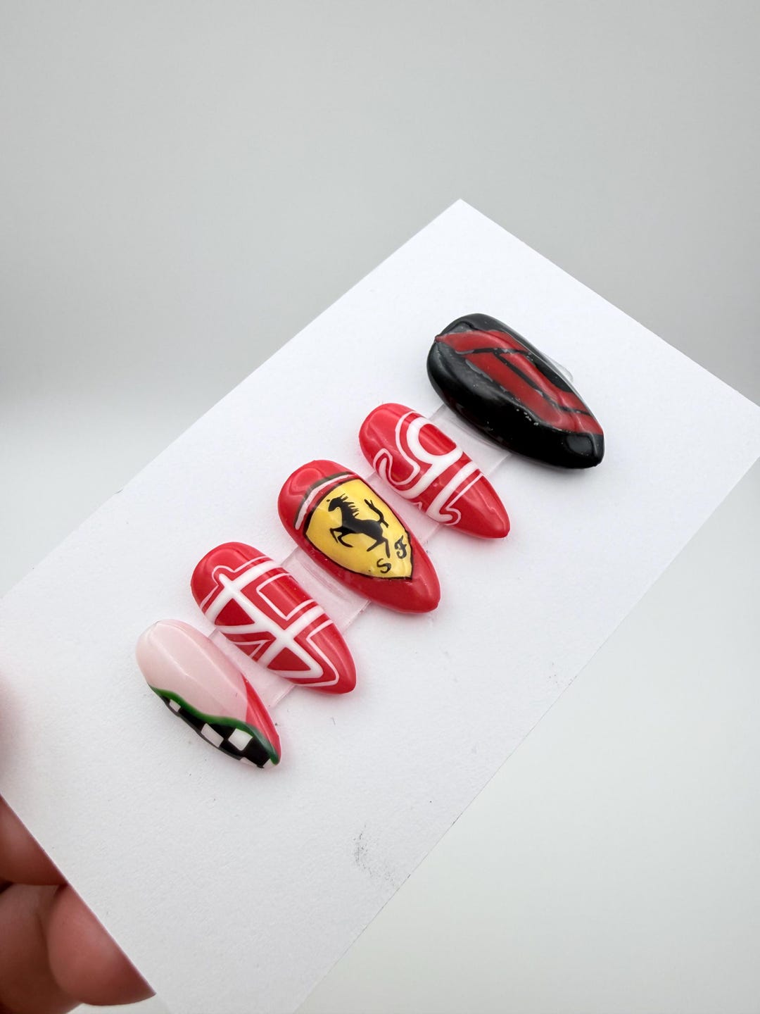 Medium Almond Ferrari Inspired Hand-painted Press on Nails | F1 Nails ...