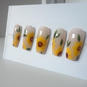 Sunflower Press On Nails: Hand-Painted Medium Coffin Nails