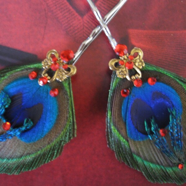 Peacock Feather Hair Pin with Red Accents