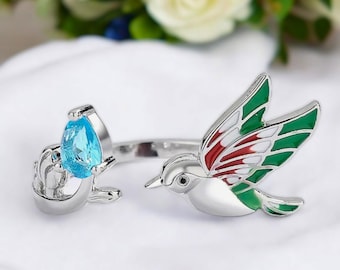Sterling Silver Kingfisher Ring | Adjustable Enamel Bird Ring