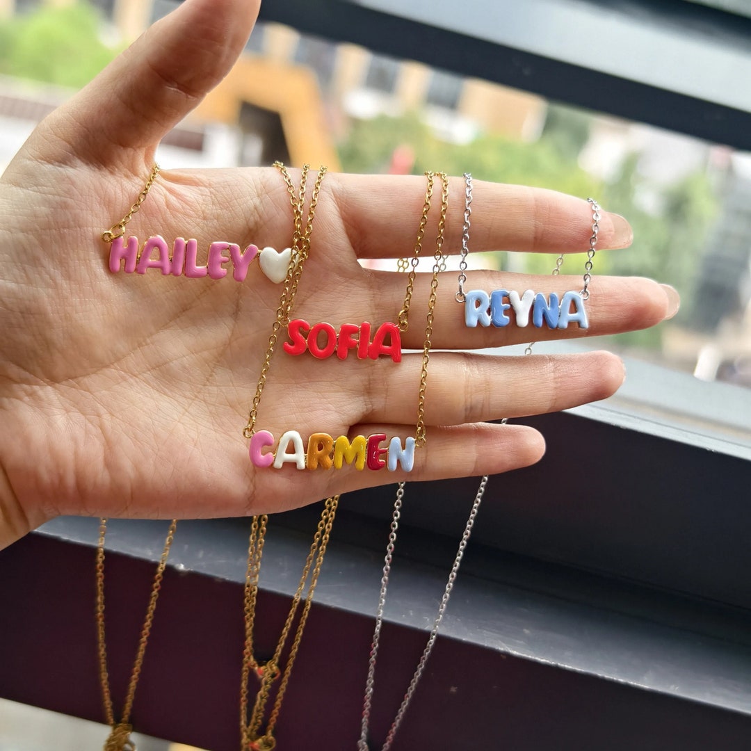 Enamel Bubble Letter Name Necklace, Custom Handmade 18K Gold Jewelry ...