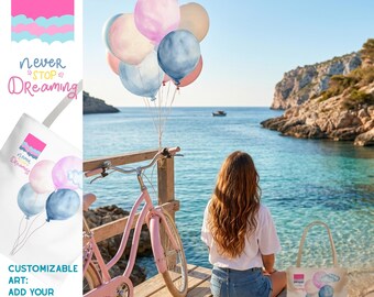 Pastel Balloon Bouquet Tote Bag, Watercolor Clouds, Soft Pink Blue