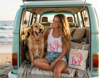 Pink Cactus Desert Sun Tank Top, Manifesting Golden Days Graphic Tee