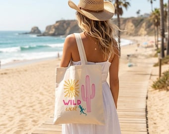 Wild West Desert Cactus Tote Bag – Retro Boho Sun Lizard Canvas Shopper