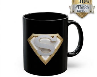 3D Illusion Hero Shield Black & Gold Coffee Mug, Initial S Mug