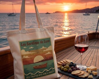 Vintage Sardine Tin Tote Bag, Mediterranean Coastal Canvas Bag