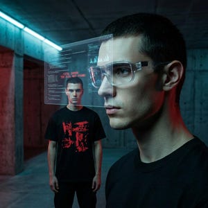 Puede incluir: Gafas de montura transparente que muestran una interfaz holográfica digital con código y el texto FATAL ERROR: THE SOUL NOT FOUND. Una camiseta negra con un estampado gráfico rojo es visible al fondo en un entorno industrial oscuro.
