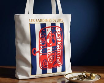French Sardine Cat Tote Bag, Luxury Riviera Style Beach Bag, Approved by Local Connoisseurs