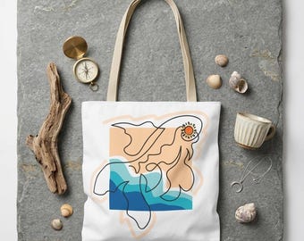 Bohemian Fish Line Art Tote Bag, Abstract Goldfish Shopper, Maritime Ocean Waves Canvas Bag