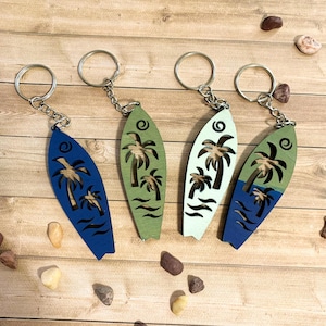 Surfboard Keychains, Surf Athlete&#39;s Gift, Ocean Lovers Present, Wooden Painted Keyrings, Surfboard Bag Tag