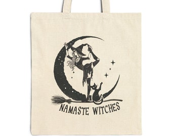 Namaste Witches: Feminista Witchy Yoga Cotton Canvas Tote Bag / Divertida idea de regalo de brujería Zen Meditate / Bolsa de rally para mujeres / Envío gratis