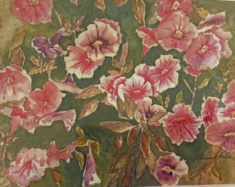 紫のペチュニア オリジナル水彩画 紙に描いた花の壁アート ペチュニア