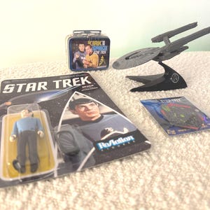 RARE Star Trek Collector&#39;s Bundle | USS Vengeance Model, Spock ReAction Figure, Borg Cube Pin & Kirk/Spock Tin | Trekkie Gift Set