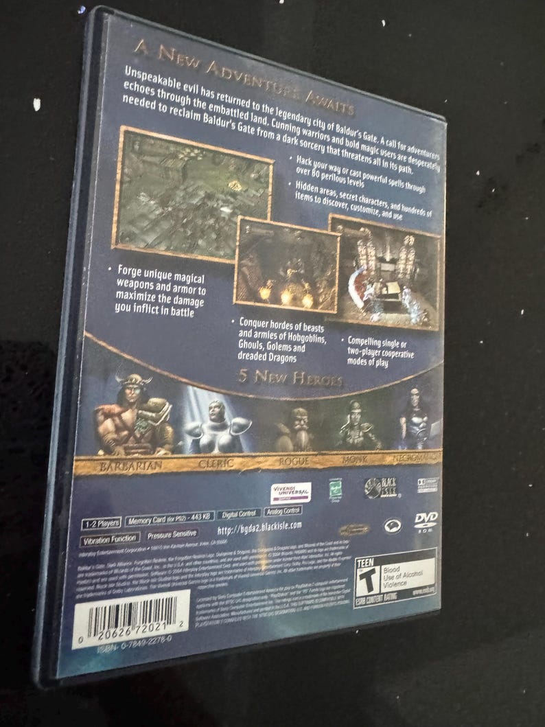 May include: Back cover of a PlayStation 2 game case for Baldur's Gate: Dark Alliance II. The case is blue and features a picture of the five playable characters: Barbarian, Cleric, Rogue, Monk, and  Tiefling. The game's title is in a gold font and the text "A New Adventure Awaits" is in a white font. The game's ESRB rating is Teen and the game is rated for Blood, Use of Alcohol, and Violence.