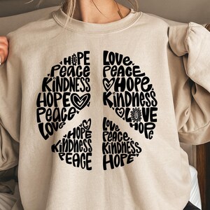 Inspirational Peace Sign Graphic Long Sleeve for Women, Floral Peace Love Hope Kindness Sweatshirt, Cute Positive Motivational Quotes Hoodie
