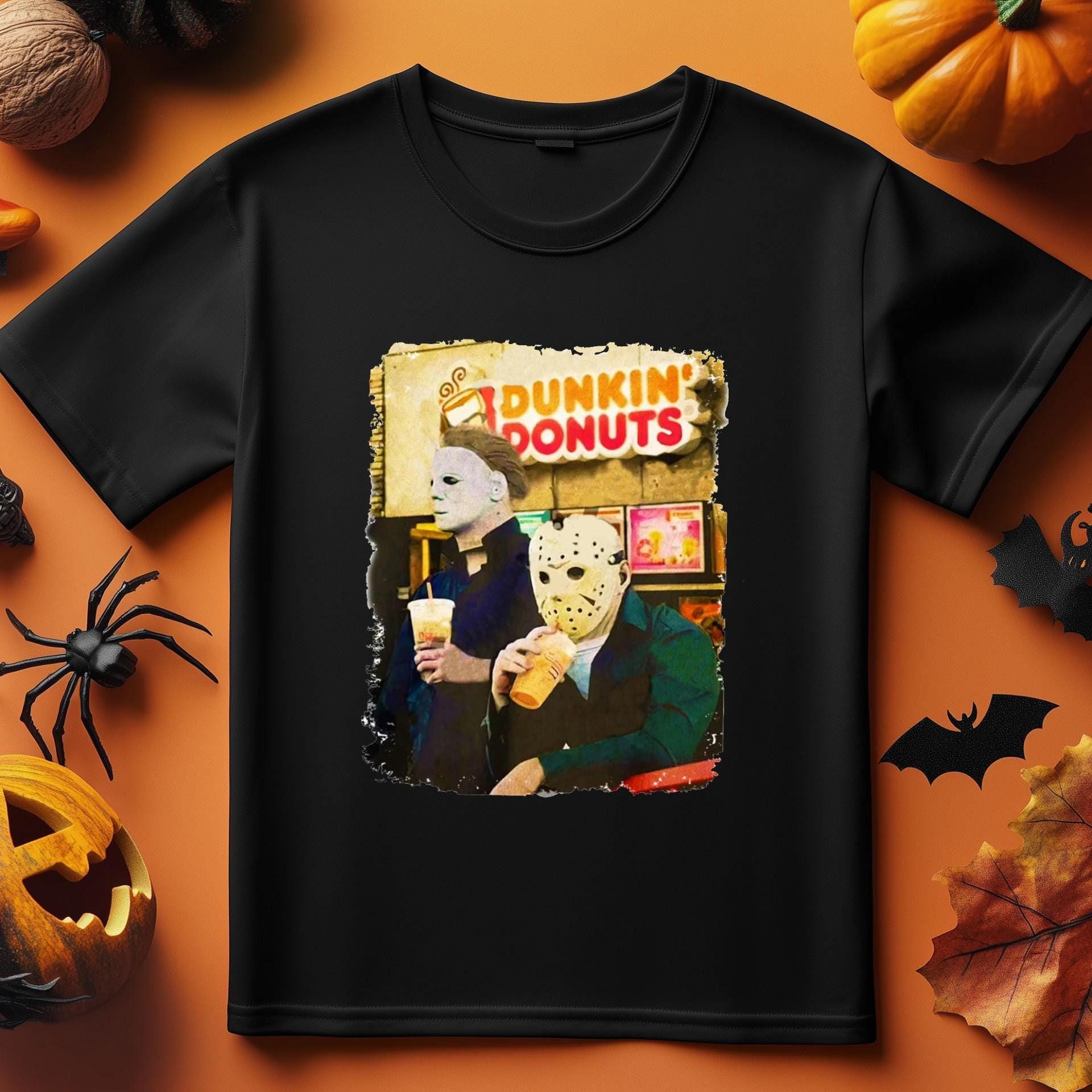 Michael Myers and Jason Voorhees Drink Dunkin’ Donuts Funny T-Shirt Halloween, Jason Voorhees Shirt, Michael Myers Shirt, Halloween Shirt