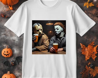 Vintage Jason and Michael Halloween Drink Beer T-Shirt, Michael Myers Halloween T-Shirt, Halloween Movie T-Shirt, Horror Killers Movie Shirt